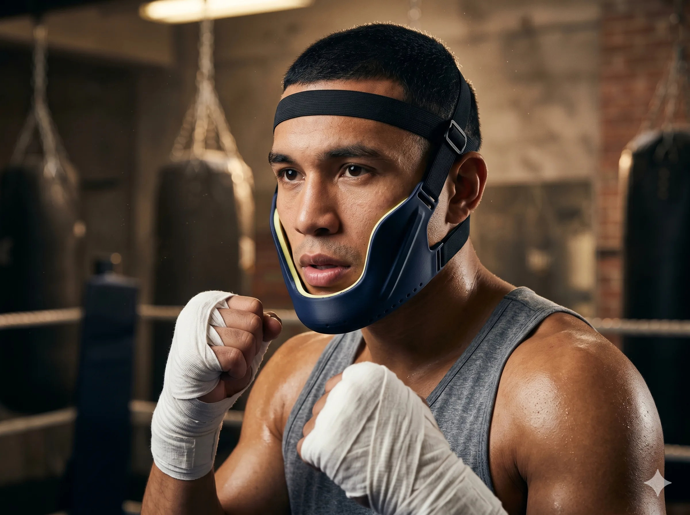 Boxeador en sparring con máscara mandibular de resina navy mate en plano retrato