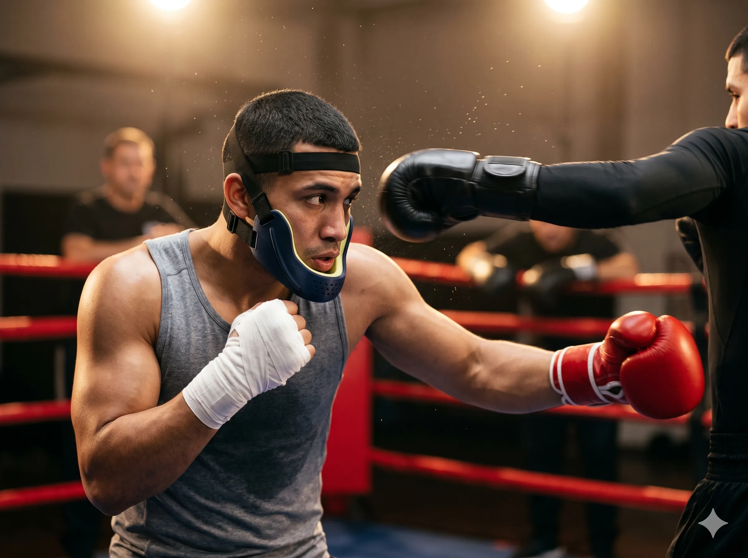 Boxeador esquivando un golpe en sparring con máscara mandibular puesta