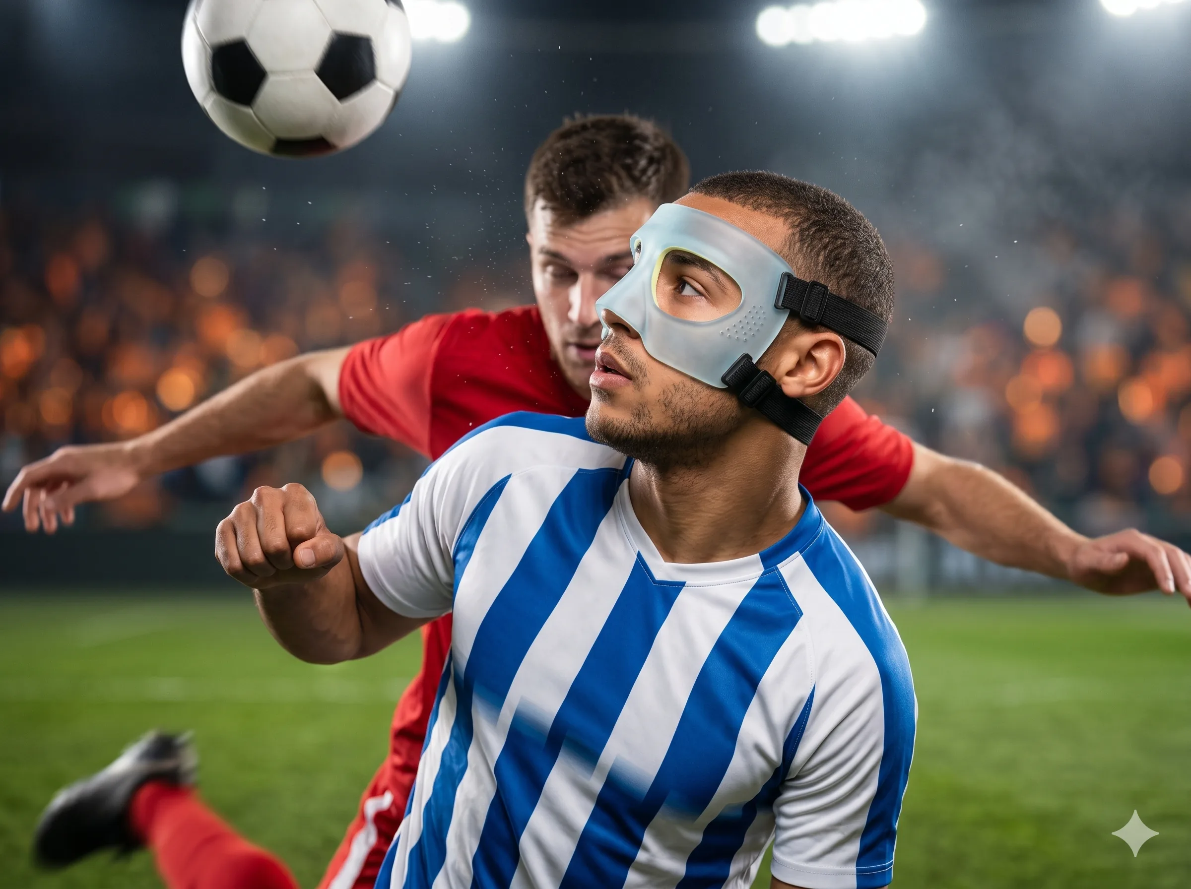 Futbolista disputando un balón aéreo contra un rival con máscara nasal puesta