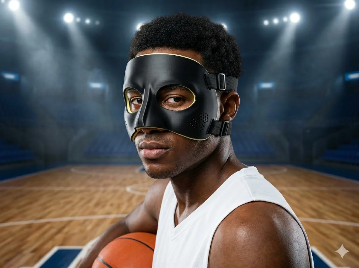 Basquetbolista con máscara nasal reforzada de resina negra mate en plano retrato