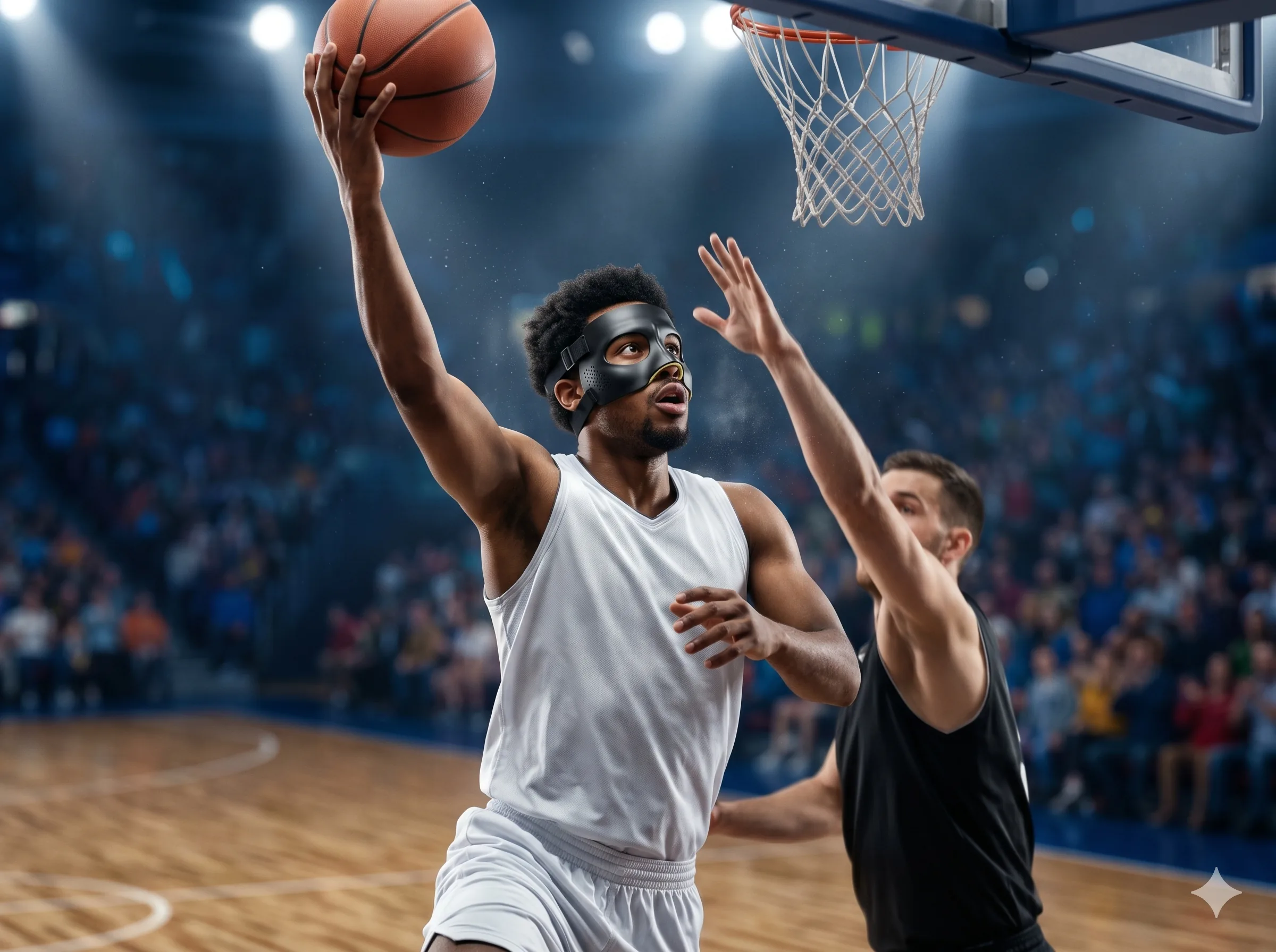 Basquetbolista en jugada de bandeja contra un defensor con máscara nasal puesta