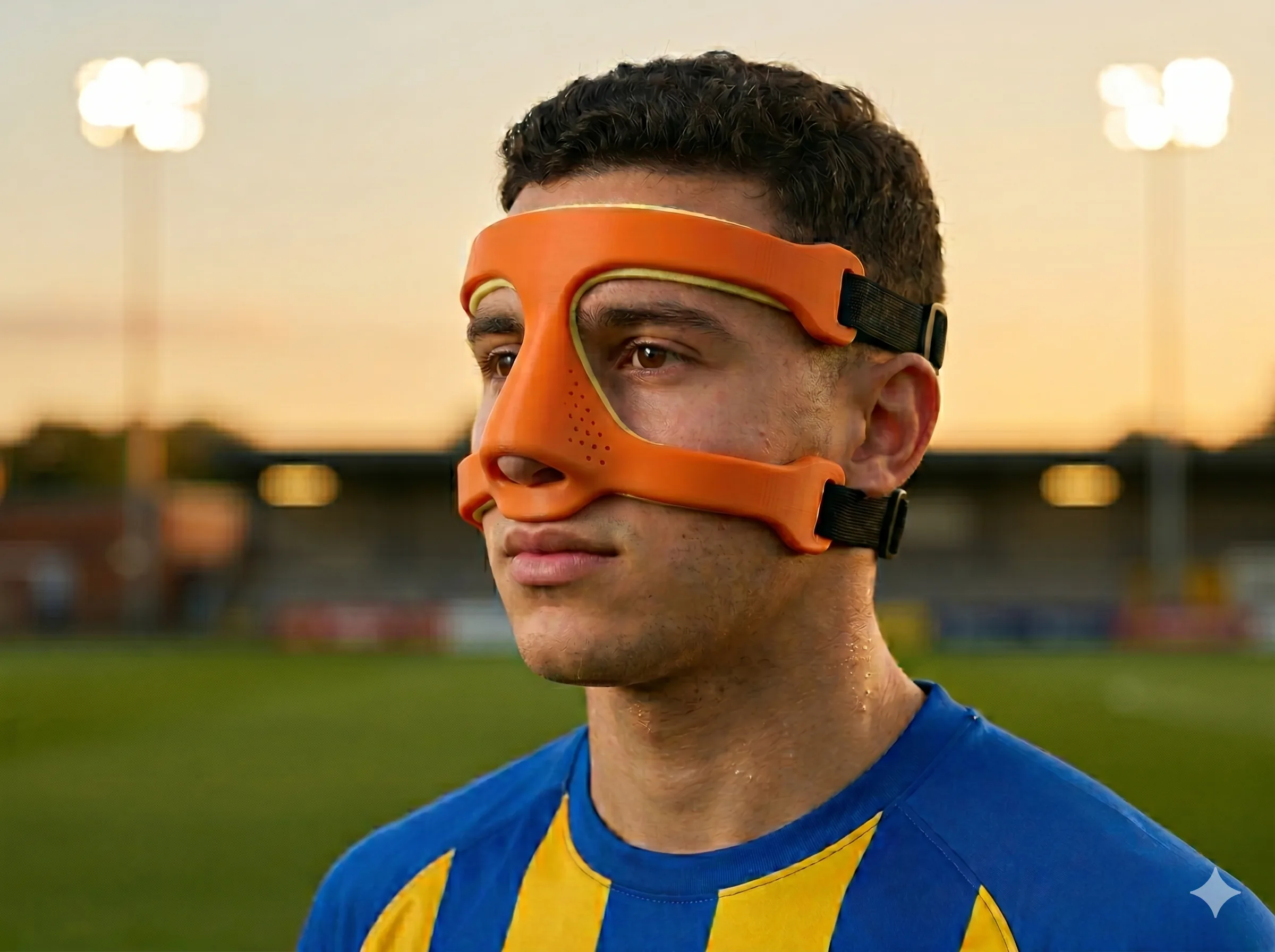 Futbolista con sistema modular nasal de resina naranja mate en plano retrato