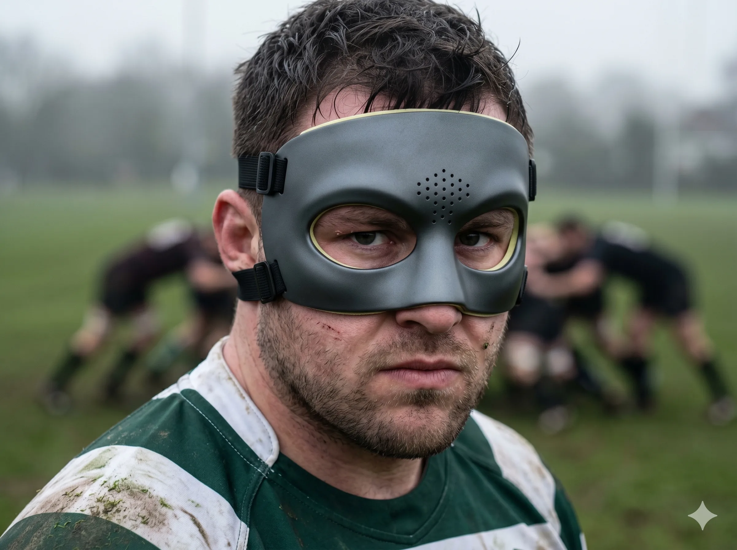 Jugador de rugby con escudo orbital de resina gris oscuro en plano retrato