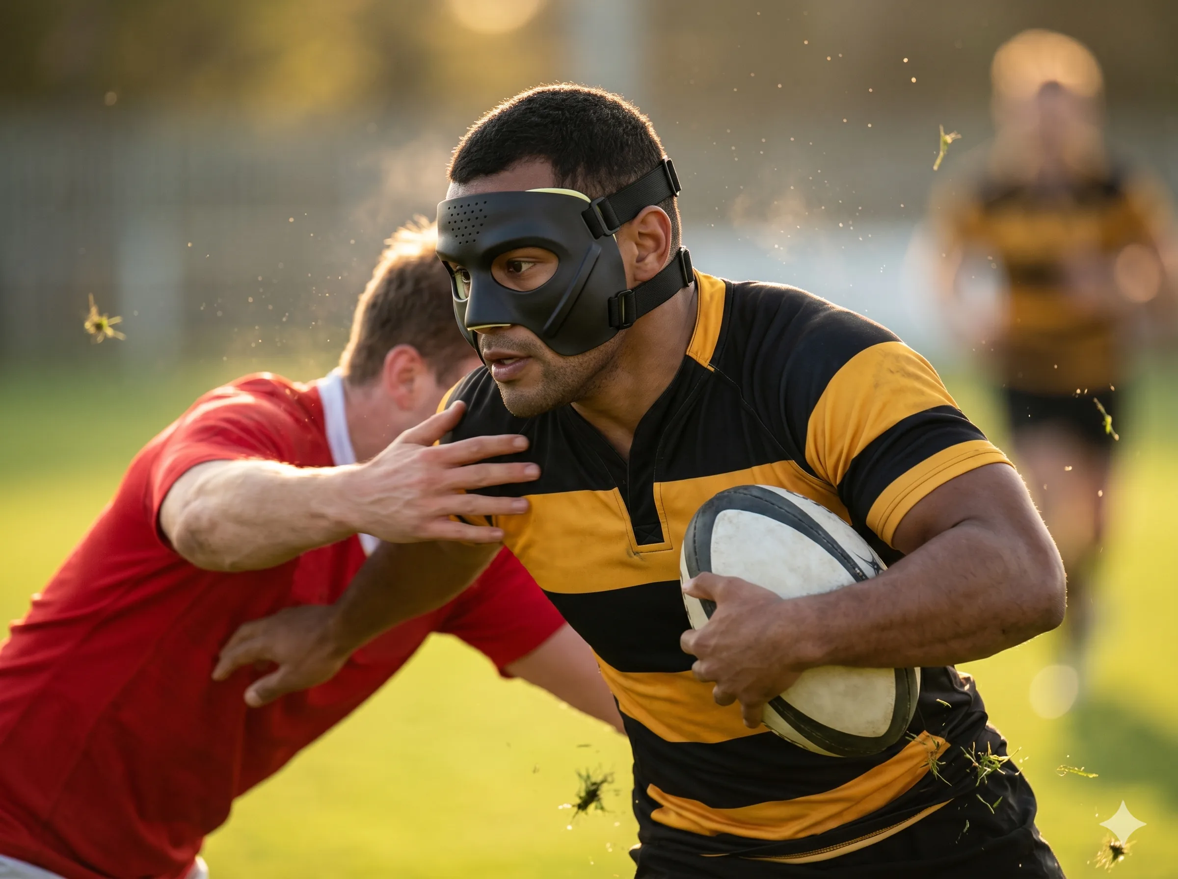 Rugbier rompiendo un placaje lateral contra un rival con máscara zigomática puesta